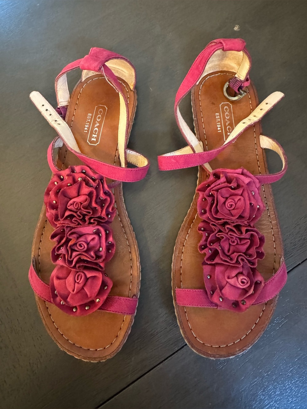 Vintage COACH Women's Pink Floral Suede Sandals